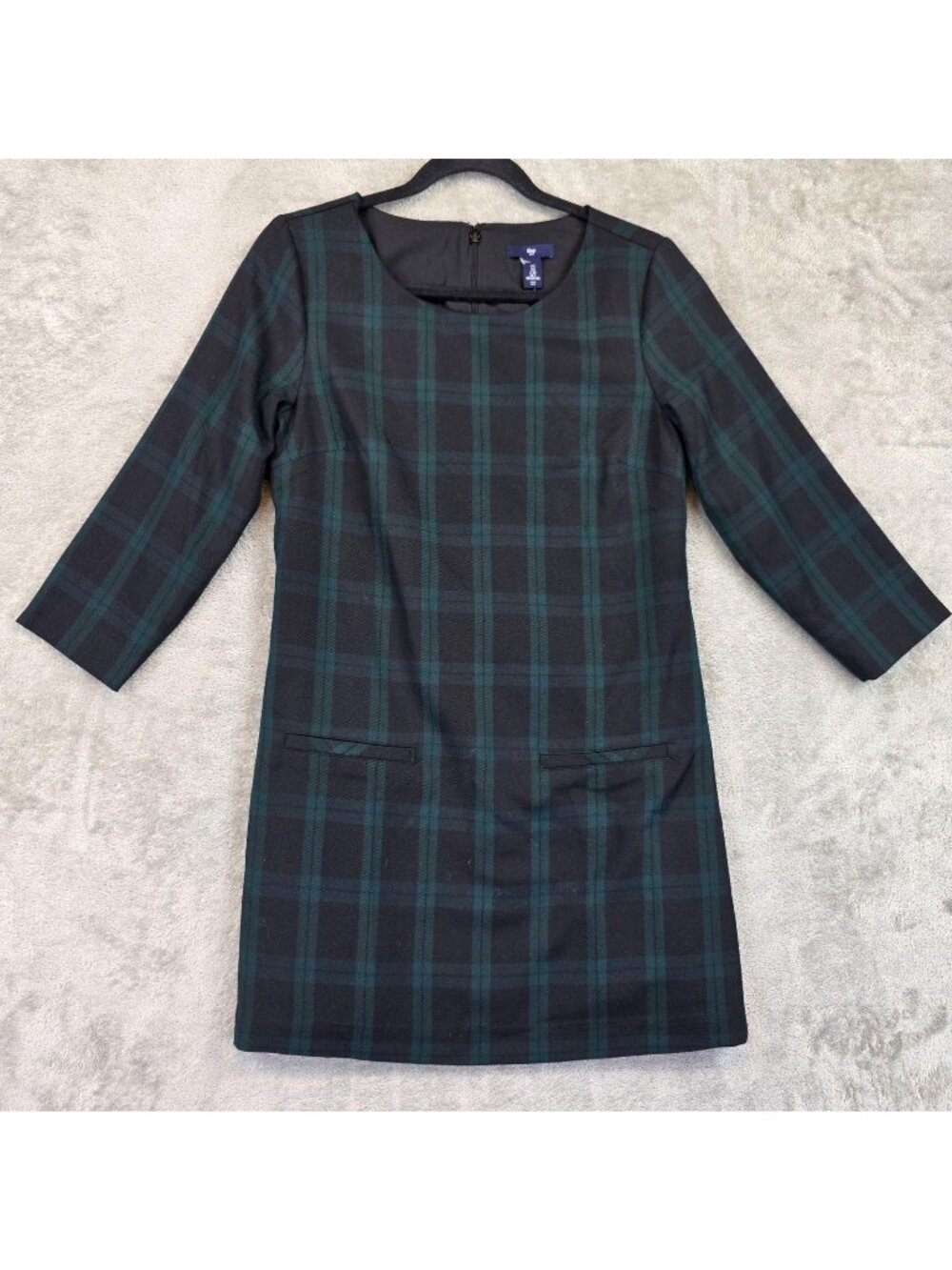 Gap Dress Womens 2 Green Plaid Scoop Neck 3/4 Sleeve Sheath Short Workwear